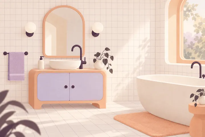 Generated illustration of an imagined bathroom, not a customer home.