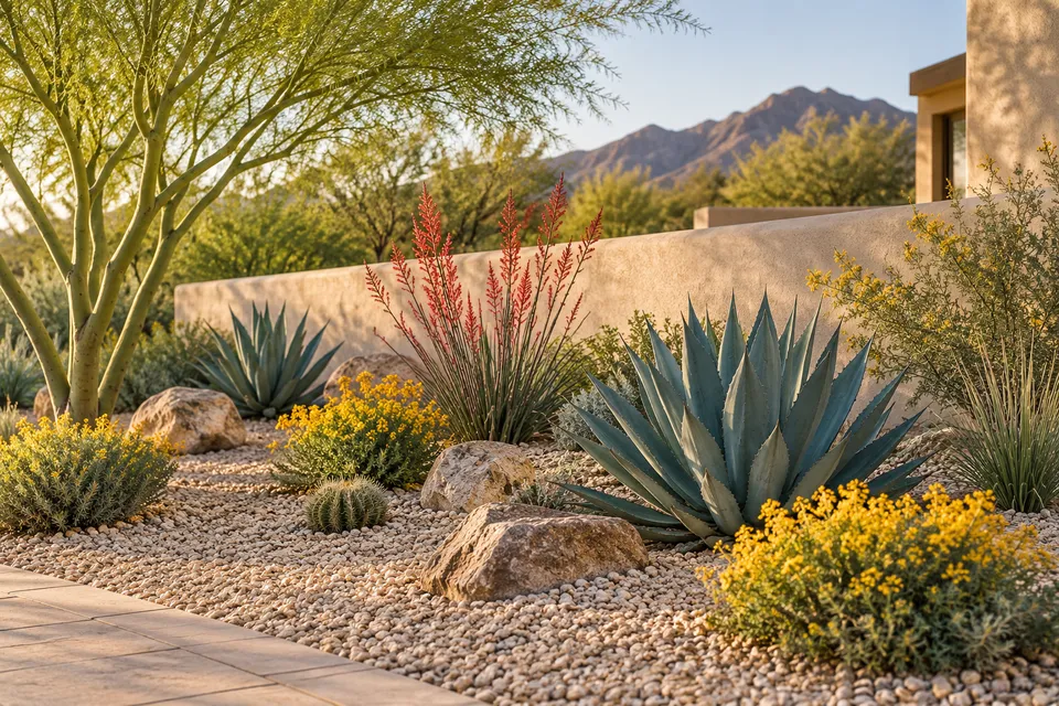 Generated concept of an invented desert planting bed with sculptural foliage and flowering shrubs.