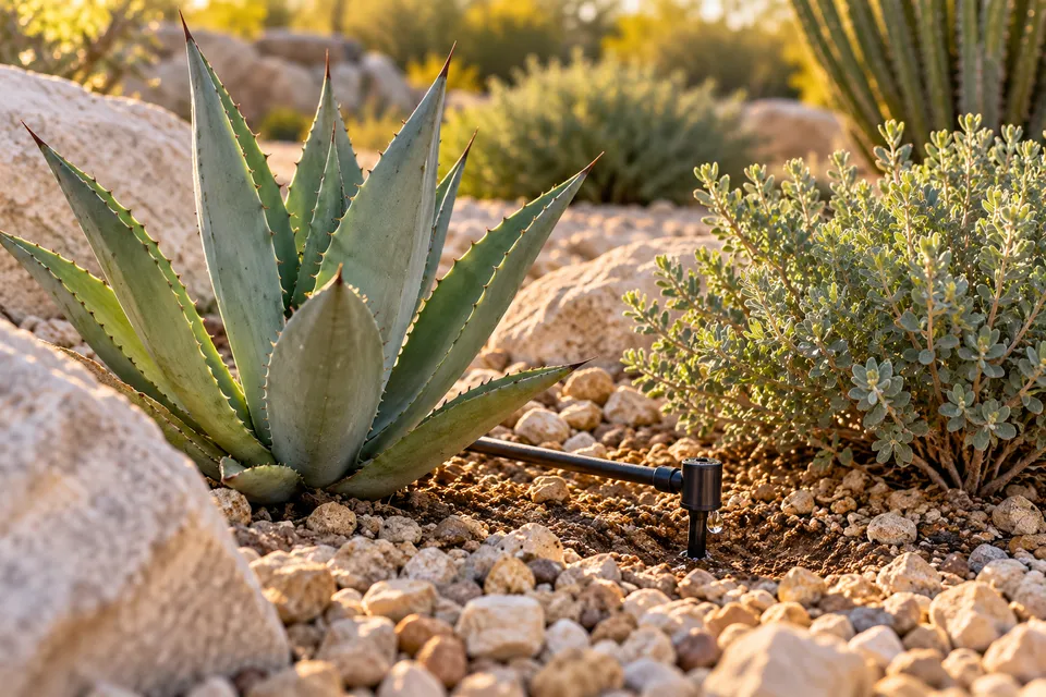 Generated concept detail of irrigation hardware beside desert plants and gravel.