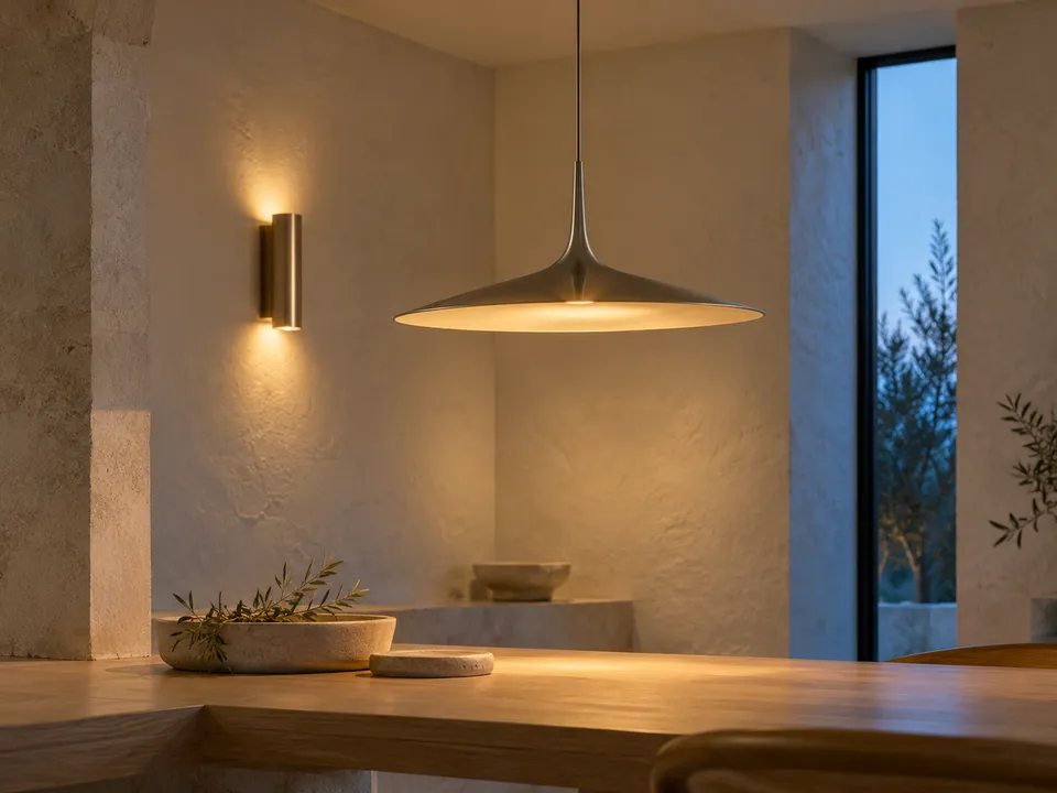 Generated concept of imagined pendant lighting over a pale countertop, not a customer installation.