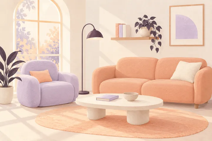 Generated illustration of an imagined living room, not a customer home.