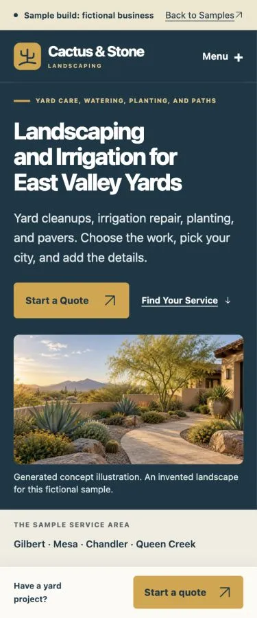 Screenshot of the fictional Cactus & Stone Landscaping homepage on a phone